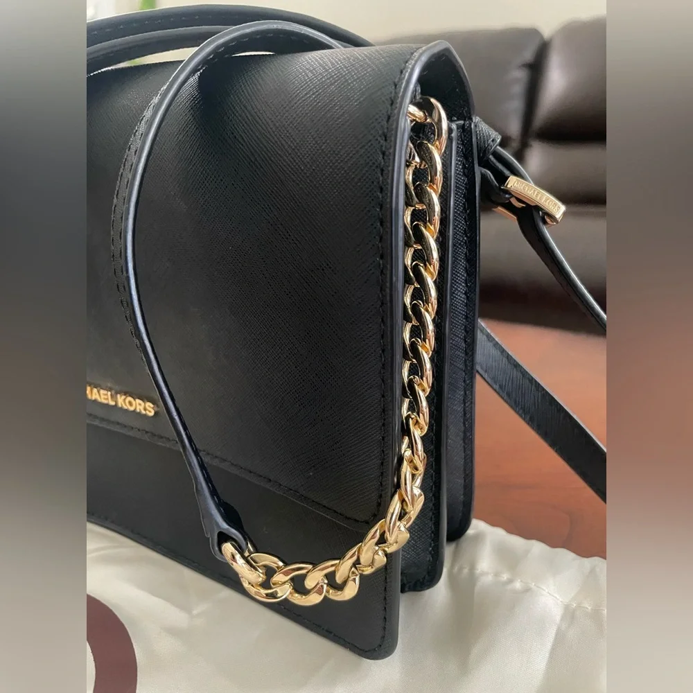 Michael Kors Black Saffiano Leather Crossbody Shoulder Bag Gold Chain